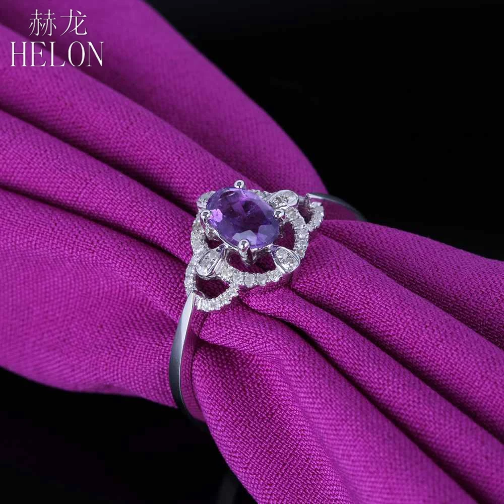 

HELON Solid 14K White Gold Oval 4x6mm Genuine Natural Amethyst Diamonds Engagement Wedding Ring Women Fine Jewelry Diamond Ring
