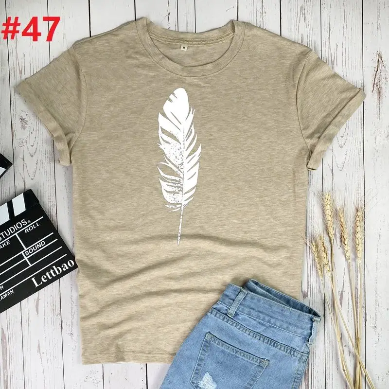 

Black White Feather Summer Printing Casual Fashion Short-sleeved Harajuku Women T-shirt 90S Tops Tee Girl Clothes