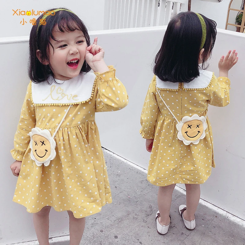 Yellow long sleeve girl dress autumn spring winter Wave point girls clothes toddler princess costume 3-8T frocks tiktok | Детская одежда