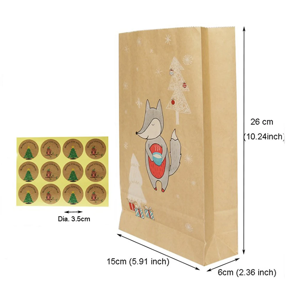 12pcs/set Christmas Kraft Paper Bag Fox Moose Pattern Gift Stickers Xmas Candy Food Cookies Wrapping Bags | Дом и сад