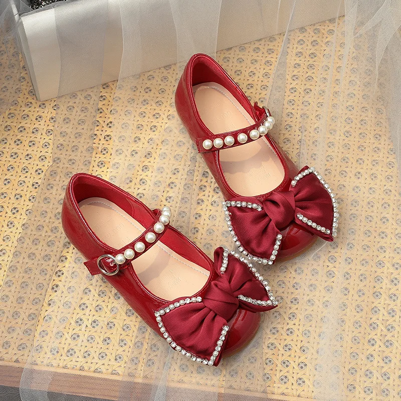 

Girls Princess Shoes 2021 Spring And Summer New Red Little Girl Leather Shoes Bowknot Soft Bottom Children's Pearl Shoes