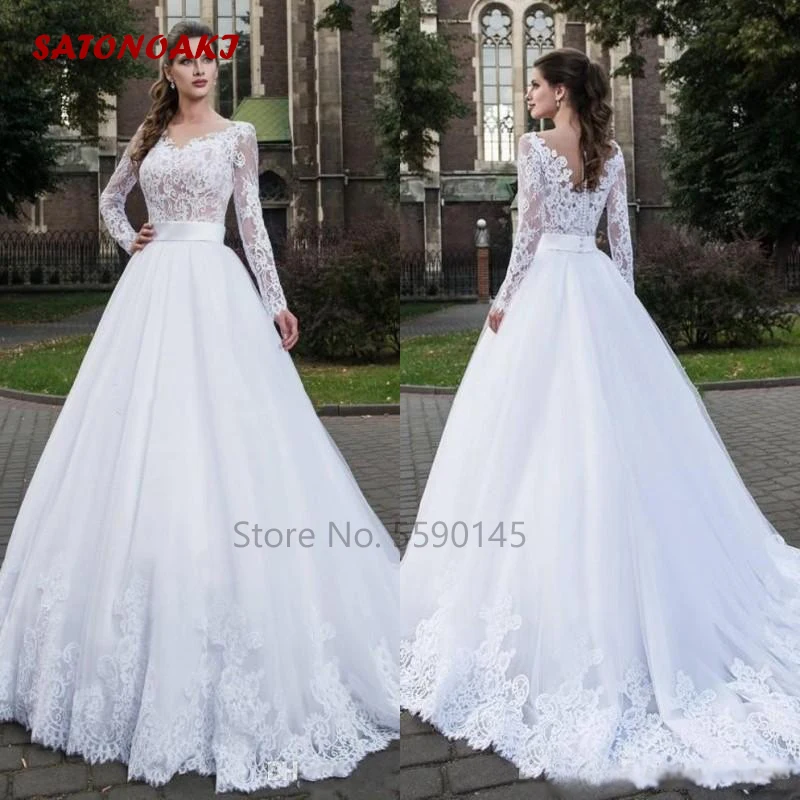 

2022 A-Line Lace Wedding Dress Scoop Neck Long Sleeves Bridal Gown Sweep Train Appliques Vestido De Novia Robe Mariée France