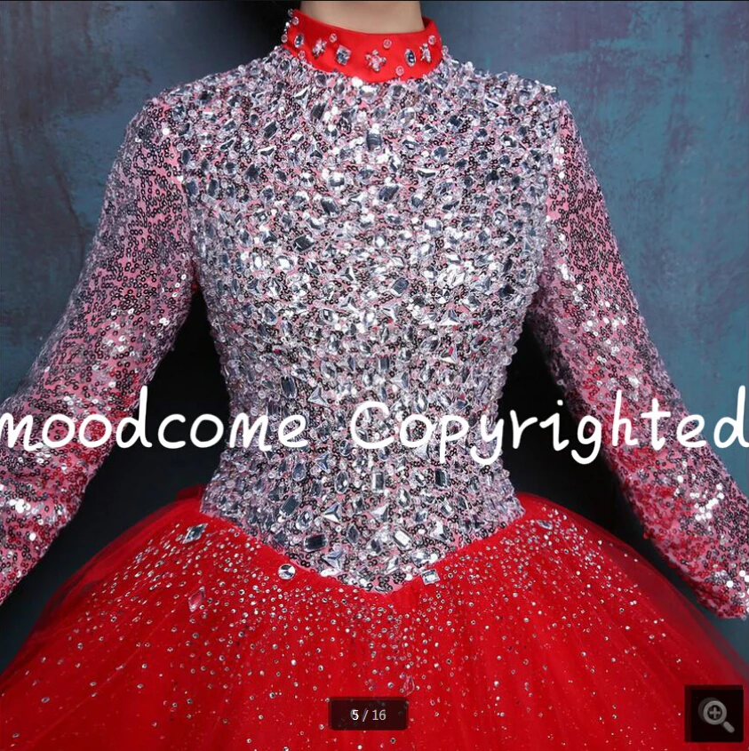 

2020 Free Shipping red tulle ball gown wedding dresses 3/4 sleeve high neckline hollow back sexy wedding gowns best selling 2020