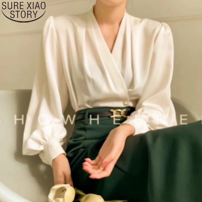 

French Style Elegant Satin Blouse Office Lady Fashion V-neck Shirt Autumn New Female Solid Loose Shirt Long Sleeve Tops 16882