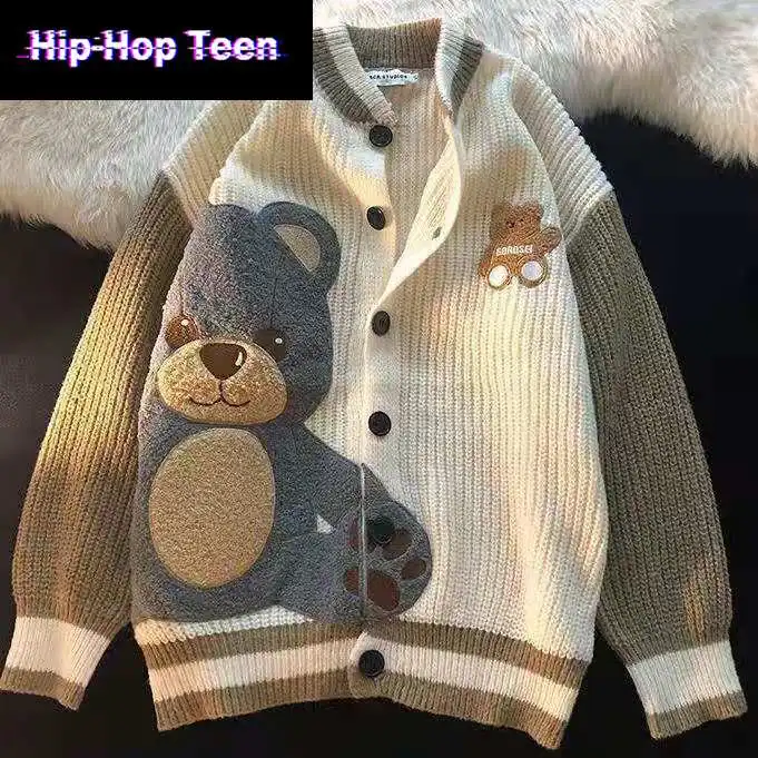 

Polar Bear Cartoon Patchwork Cardigan Men Korea Preppy Style Long Sleeve Sweaters Casual Streetwear Harajuku Kint Sweaters Mens