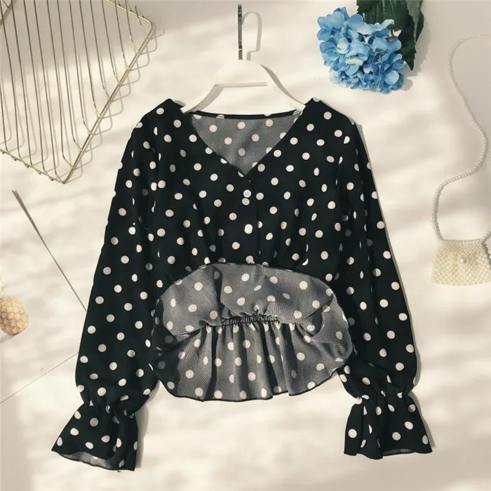 Весна Boho шикарные топы женские корейские элегантные шифоновые блузки с v-образным вырезом и длинным рукавом Розовые/черные рубашки в горошек Женские
