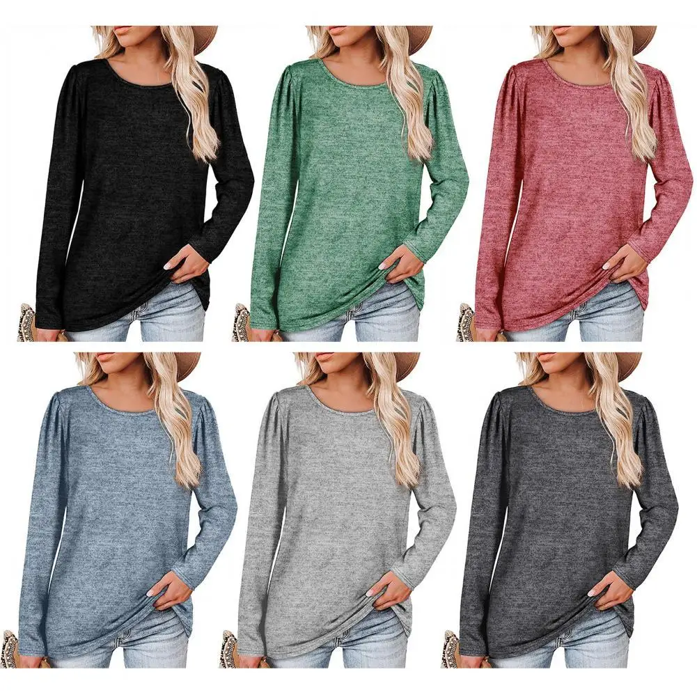 

Women Fashion Casual Long Sleeve Solid Color Top O-Neck Pleated Shoulder Tunic Blouse Pullover Daily Office Streetwear