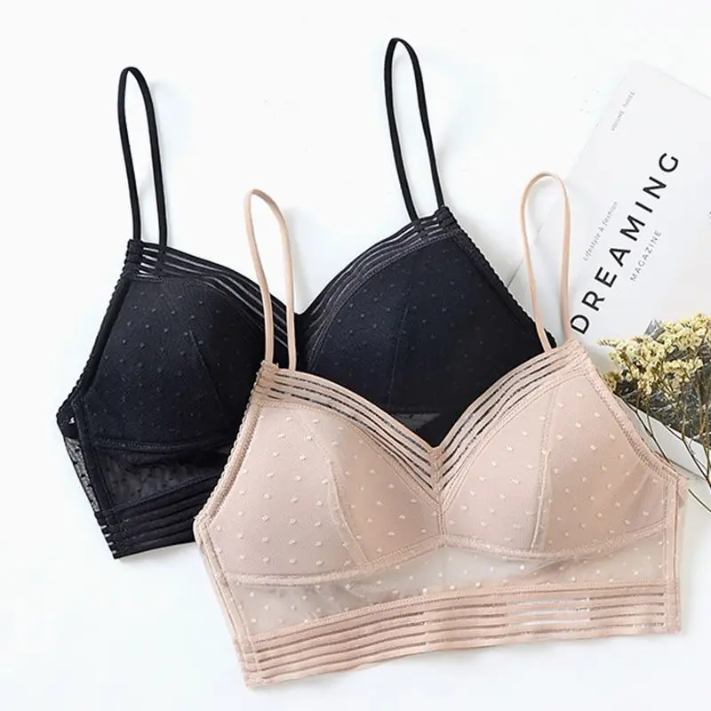 

Women Sexy Deep U Low Back Lace Bralette Thin Cup Polka Dot Bustier Top Sheer Mesh Wireless Seamless Solid Underwear Bra