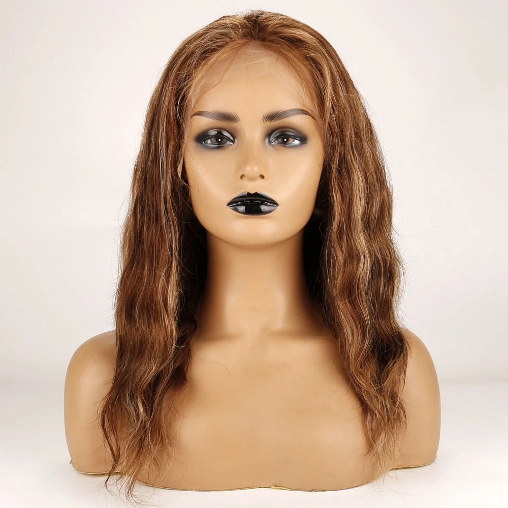 

DLME 100% Human Hair Highlight Wig Brown Color Water Wave Wig with Baby Hair Full Lace Wig For Black Women