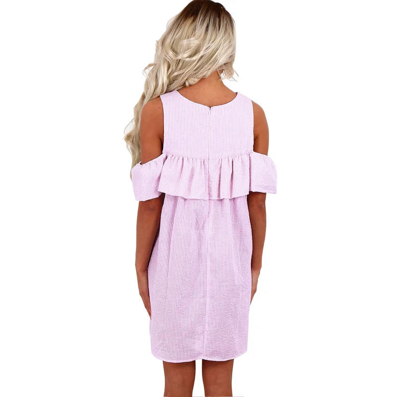

2021 New Summer Dresses Women Fashion Sexy Off Shoulder Striped Brief O-Neck Puff Sleeve Loose Mini Dress