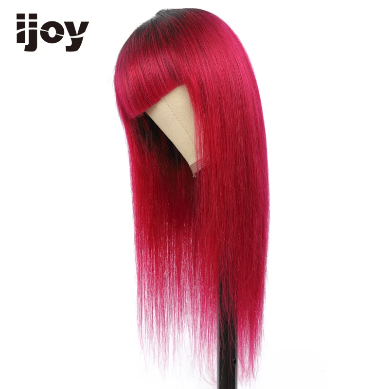 Парик из человеческих волос с челкой прямые волосы окрашенные Омбре бордовые