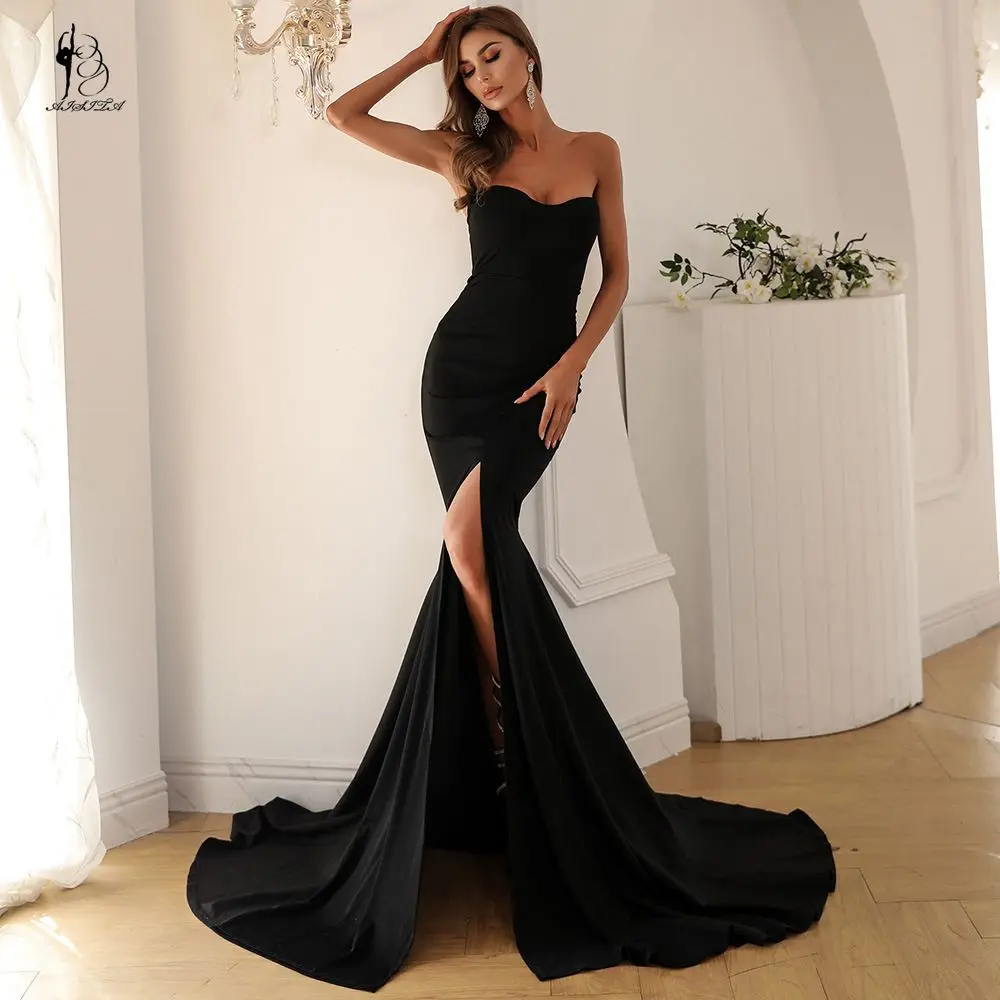 

Женское вечернее платье-русалка, черное платье до пола без бретелек, с высоким разрезом сбоку, без рукавов, для выпускного вечера, 2021