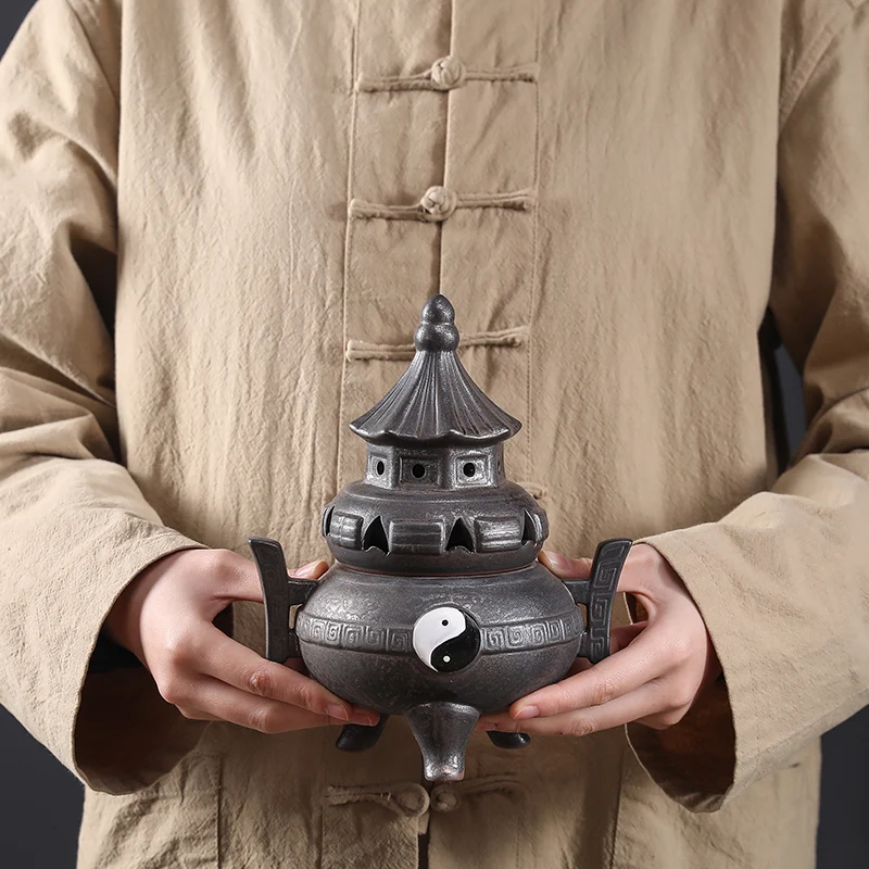 

20CM Porcelain Eight Trigrams Incense Burner Chinese Traditions Ceramic Censer Retro Style Feng Shui Home Decor