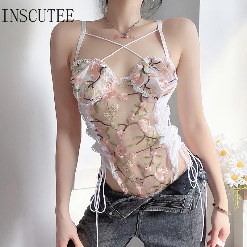 

Inscutee Fairycore Florals Bodysuit Women Streetwear Sexy Y2k Cottagecore See Through Strapless Hollow Out Bandage Slim Rompers