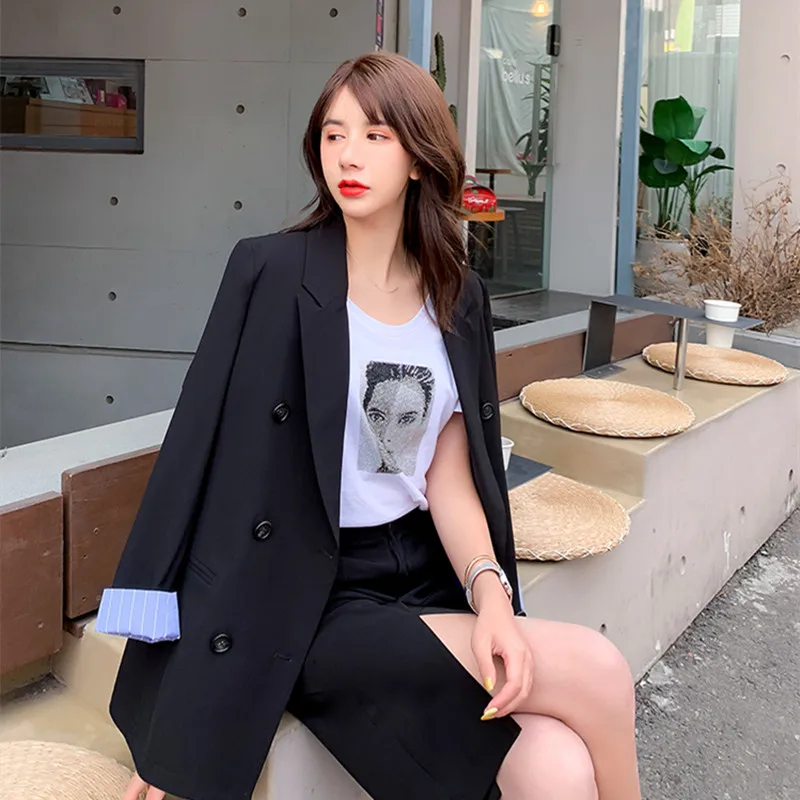 

Women Black Striped Split Size S-2XL Blazer New Lapel Long Sleeve Loose Fit Jacket Fashion Tide Spring Autumn 2021