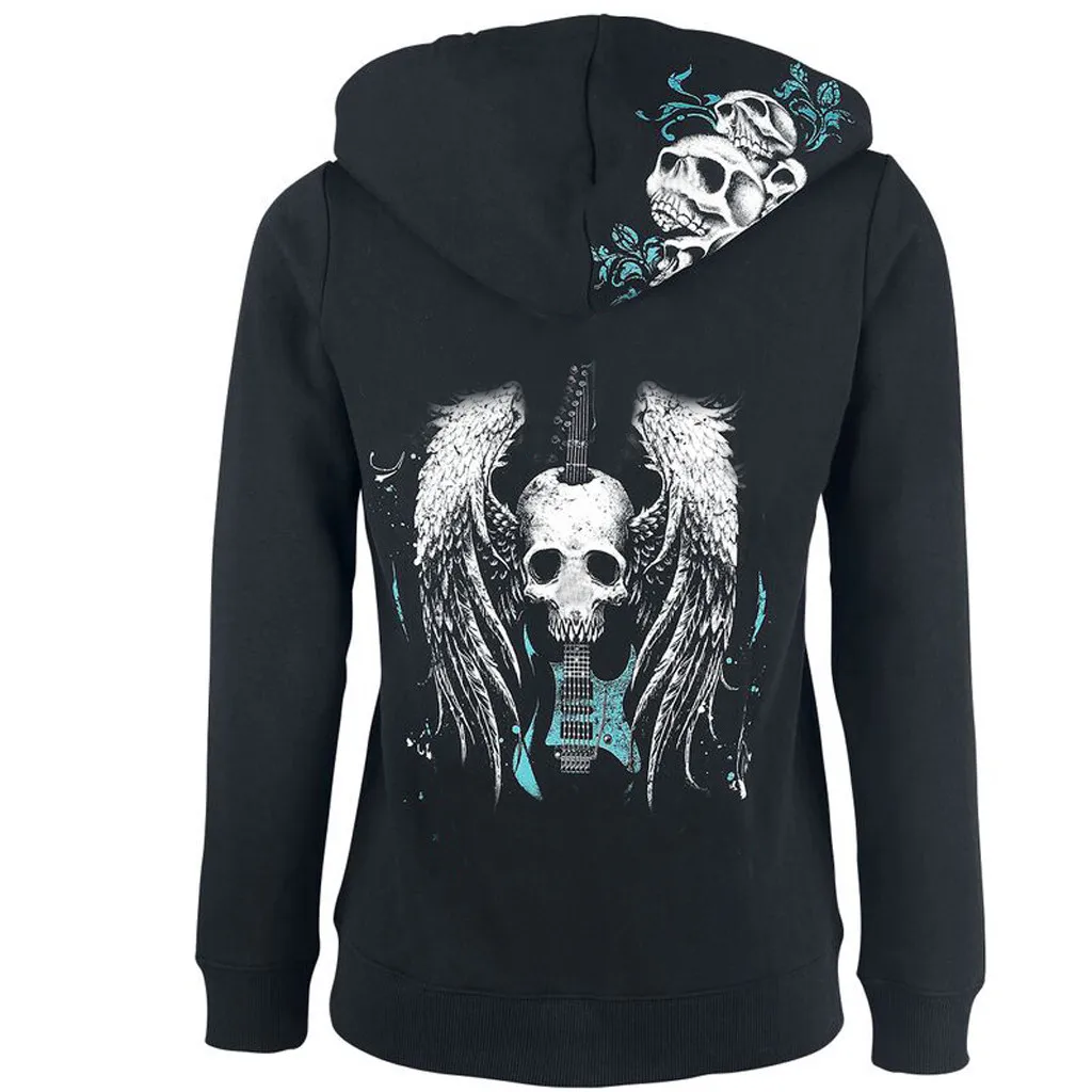 

Skull Print Zipper Sweatshirt Women 2020 Halloween Long-sleeved Casual Hooded Female Poleron Mujer Harajuku Streetwear Tops