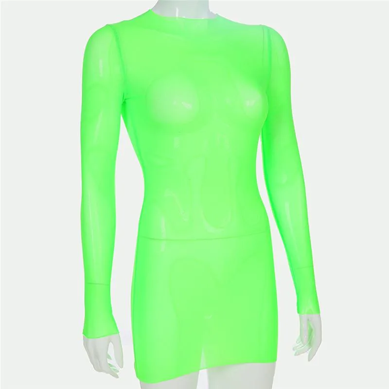 

GAOKE Sexy Women's Sheer Mesh Summer Beach Dress Fashion Solid Long Sleeve Short Dress Fishnet See Through Club Wear Mini Dress