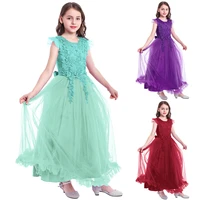 5 14y kids girls flying sleeve round neck princess dress embroidered stitching evening ball gown wedding party flower girl dress