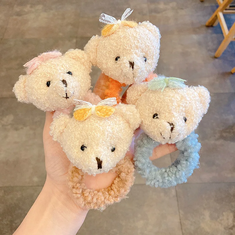 

2021 Autumn New Fuzzy Furry Cute Children Bear Scrunchies Faux Fur Headband Rope Hair Tie Ponytail Holder Accessories For Girls