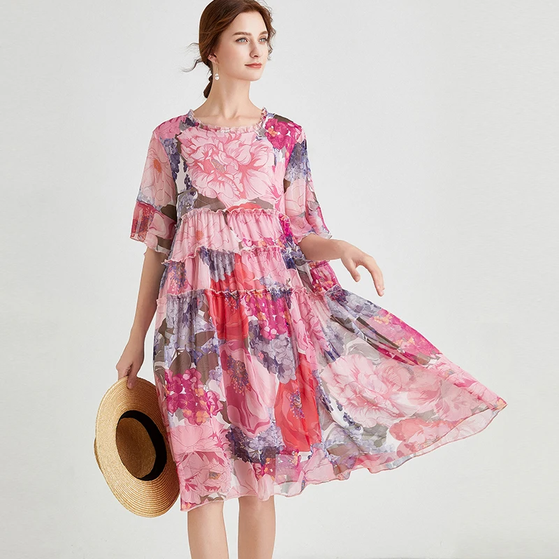 Летнее женское шифоновое платье свободного покроя размера плюс с цветочным