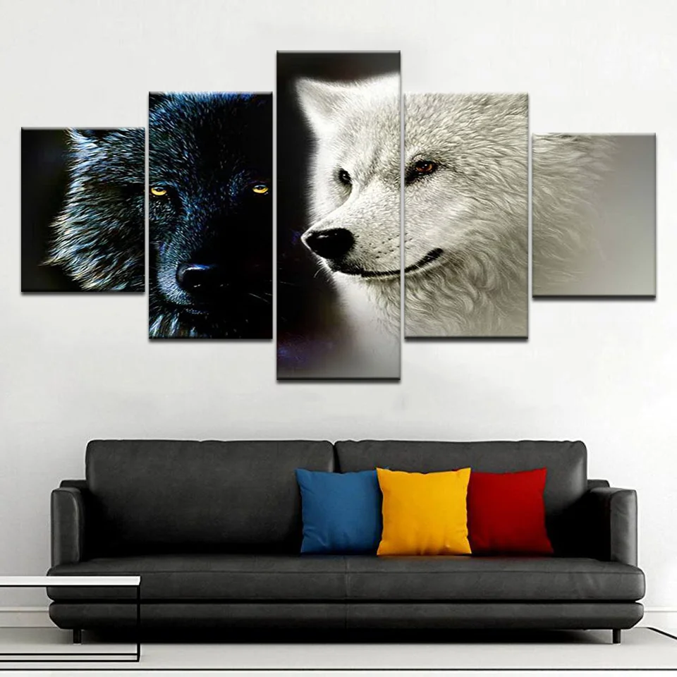 

HD Printed Modern 5 Panel Yellow Eyes Two Wolf Painting Wall Art Modular Poster Framework Pictures Home Decor Canvas Living Room