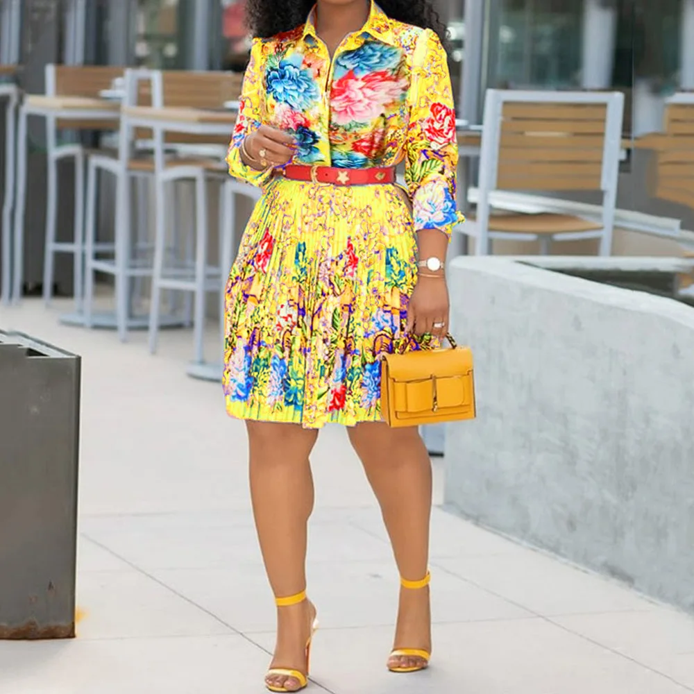 Офисное женское желтое платье с цветочным принтом элегантное плиссированное