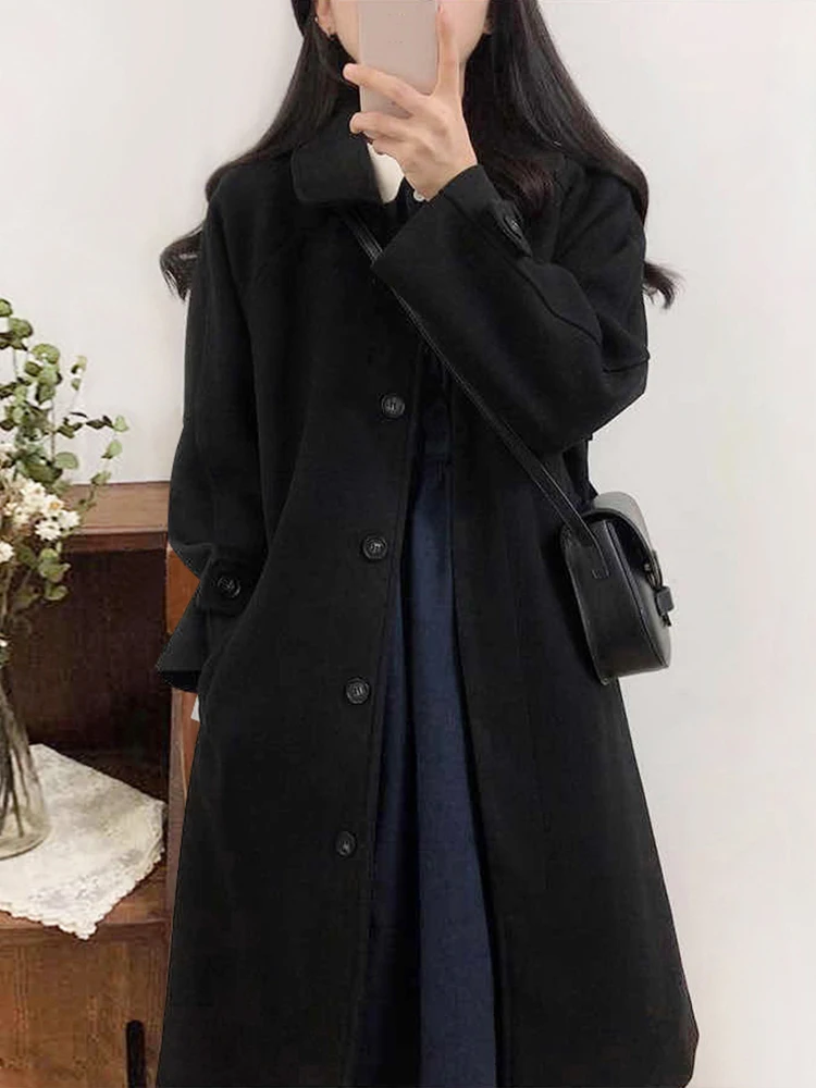 

Hepburn Style Women's Woolen Coat 2021 New Autumn Winter Korean Fashion Solid Color All-Match Single-Breasted Straight Outcoat