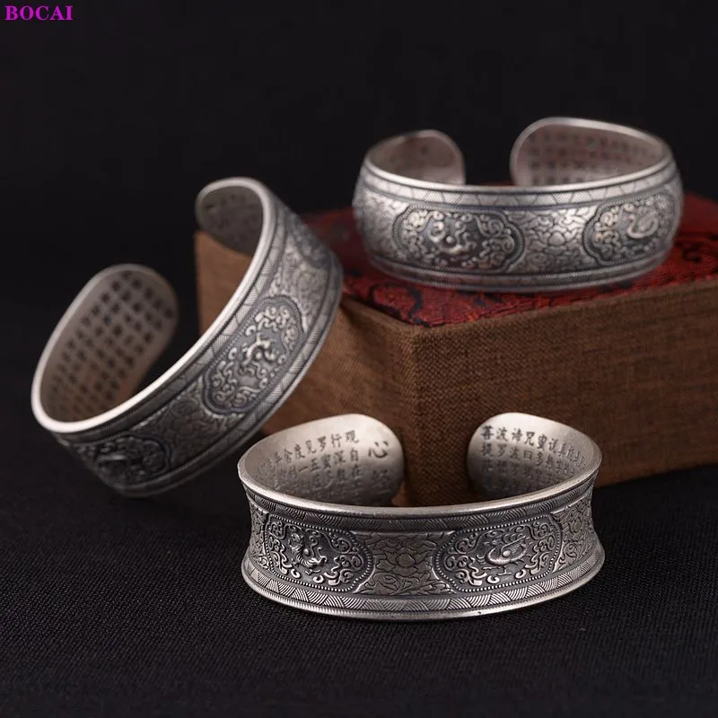 

BOCAI S999 Sterling Silver Bracelets Heart Sutra Retro Fours Sacred Animals Totem Bangles Pure Argentum Women's Charm Jewelry