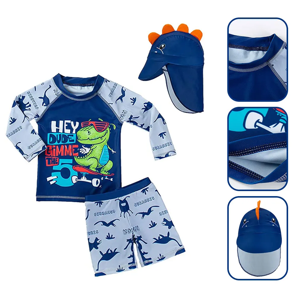 

Baby Swimwear Boys Sunscreen Quick-Drying Lightweight Shark Printed Short-Sleeved Swimsuit+Swimming Trunks+Swimming Cap Suit