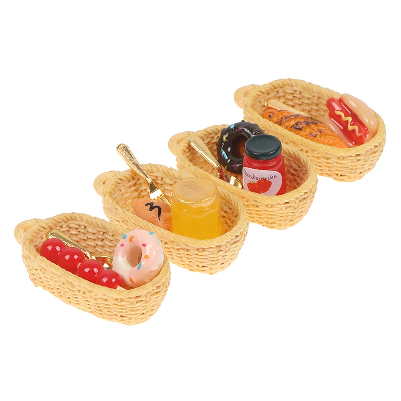 

1Set Miniature Kitchen Breakfast Dessert Bread Jam Honey Food Drink Basket Model for Dollhouse DIY Decora Accessories