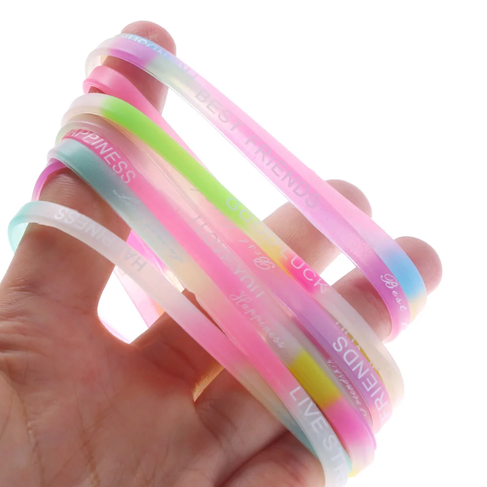 

10PCS Fashion Luminous Silicone Bracelet Candy-Colored Letters Movement Bracelet Stylish Printing Elastic Rubber Wrist Strap