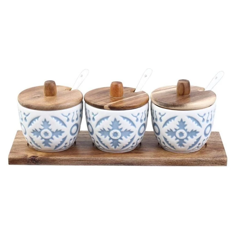 

Embossed Ceramic Seasoning Pot European-Style Household Kitchen Wooden Combined Seasoning Pot with Spoon