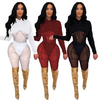 2021 autumn new women mesh patchwork two piece set sexy see through hoodie bodycon pants brushed fabric club party outfits