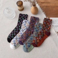 new middle tube socks women autumn and winter origin flower retro ethnic style trend geometry pattern cotton print female sock
