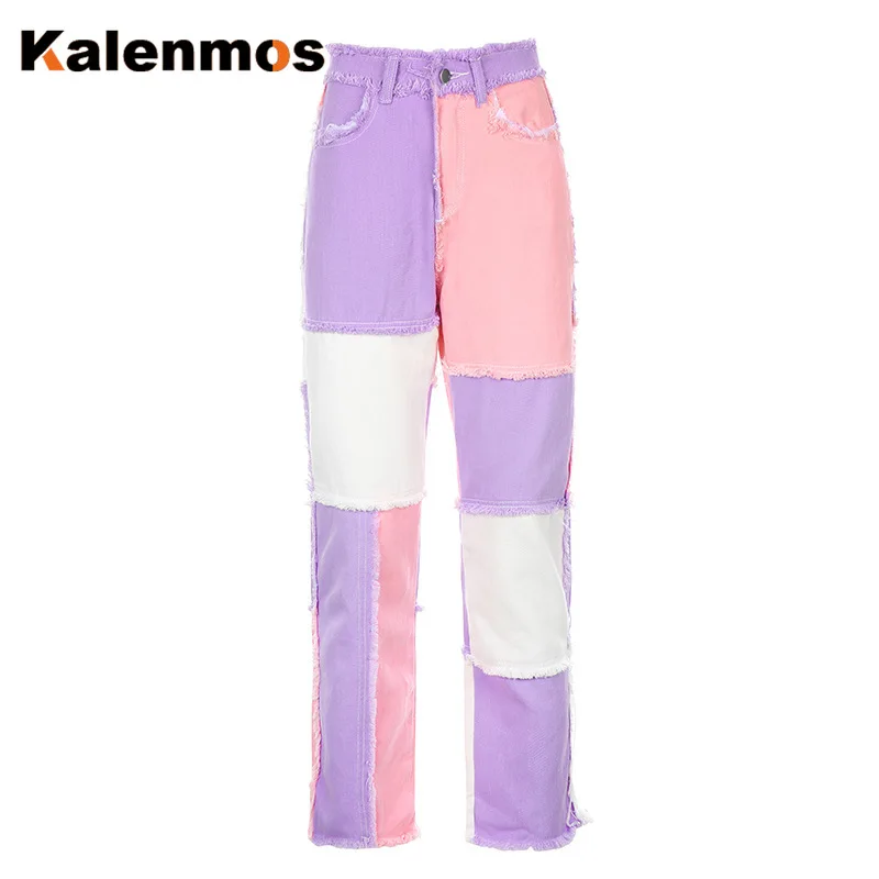 

Hip Hop Jeans Woman Autumn Blue Pink Patchwork Women High Waist Hip Hop Straight Ladies Female Denim Sexy Trousers Streetwear