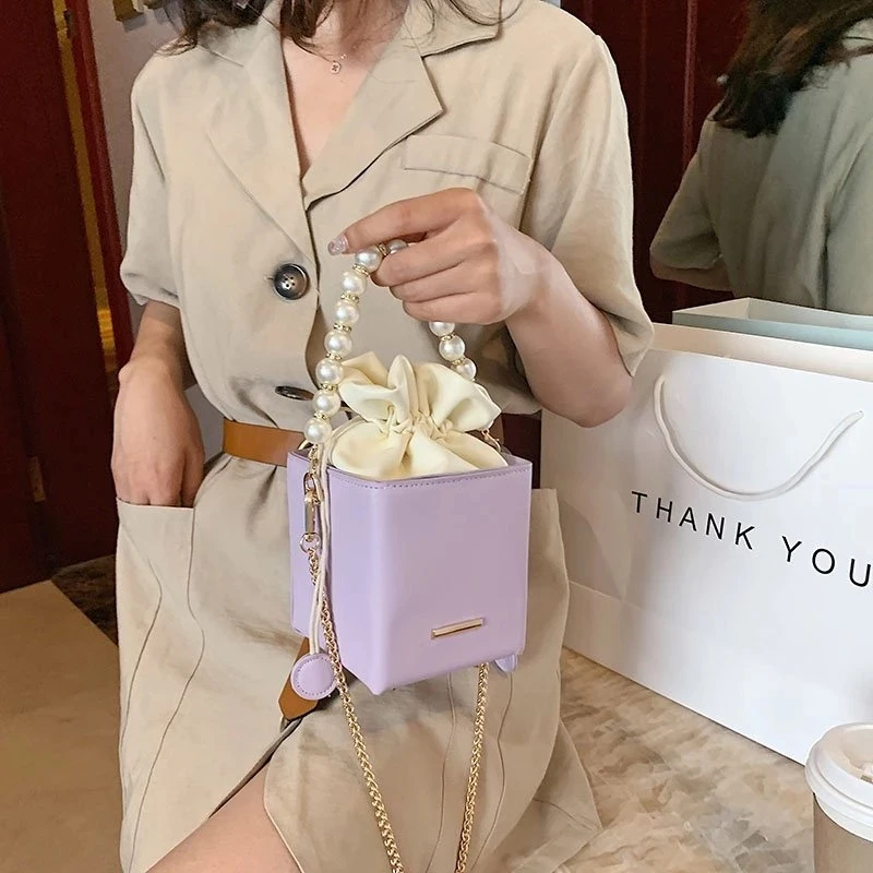 

Box Shape PU Leather Crossbody Bags For Women 2021 Drawstring Sweet Shoulder Handbags Female Travel Summer CrossBody Bag