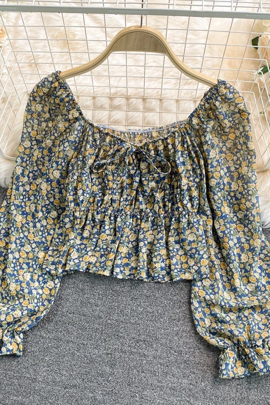 

2021 New Summer Women Sweet square collar lantern sleeve Shirt lace up bow high waist pleated floral short Shirt Top