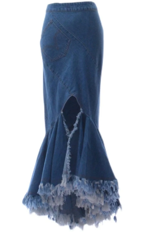 

American Fashion 2021 Spring Woman Mid Length Denim Skirts Frayed Irregular Fishtail Solid Hip Long Jean Skirt for Women Skort