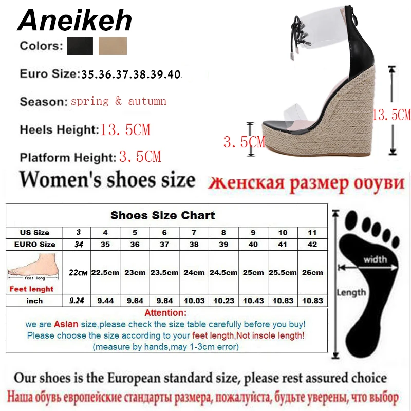 

Aneikeh Fashion PVC Sandal Women Transparent Lace-Up Butterfly-Knot Wedges High Heels Black Gold Party Daily Pumps Shoes Concise