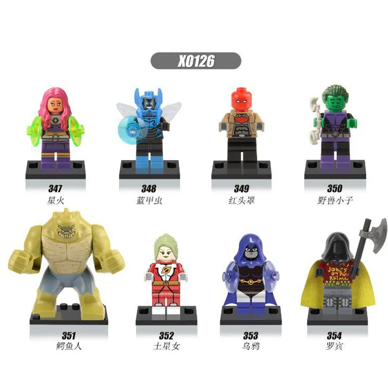 8 шт./компл. X0126 Killer Croc Red Hood Raven Starfire Saturn Girl Robin Blue Beetle Кирпичи Детские подарки