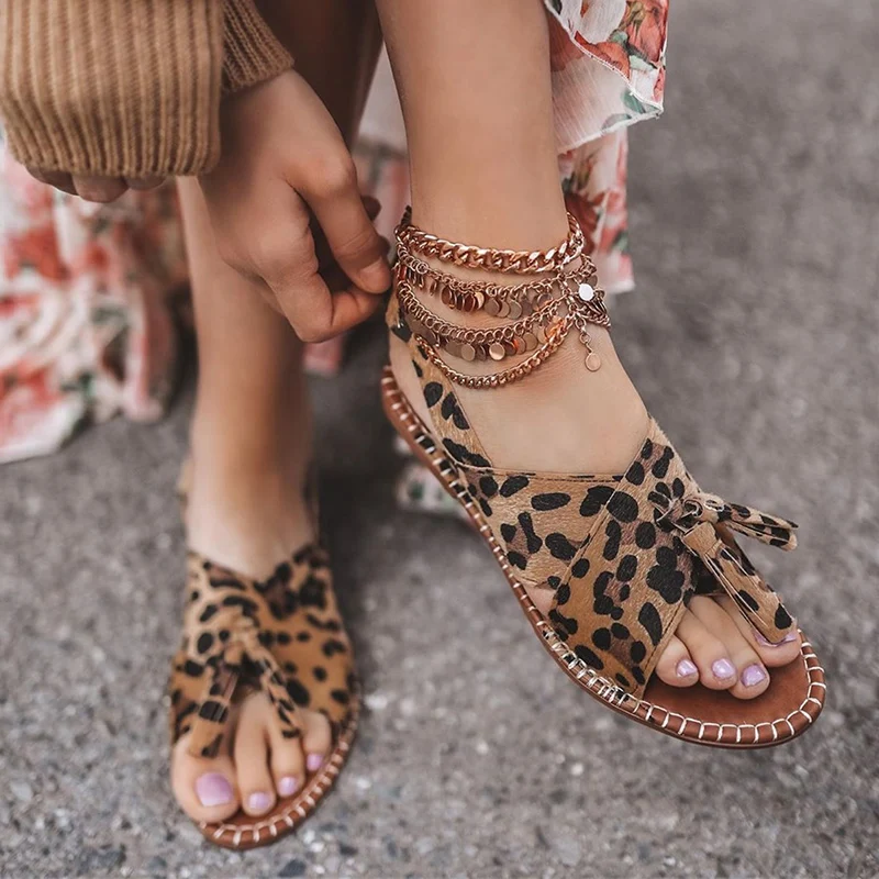 Женские сандалии с леопардовым принтом Женская Повседневная пляжная обувь