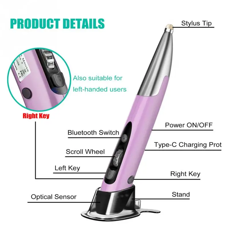 

2.4G Mini Bluetooth Wireless Mouse Pen USB Rechargeable RGB Backlit Optical With Adapter Bluetooth Quickly Chargeable Multicolor