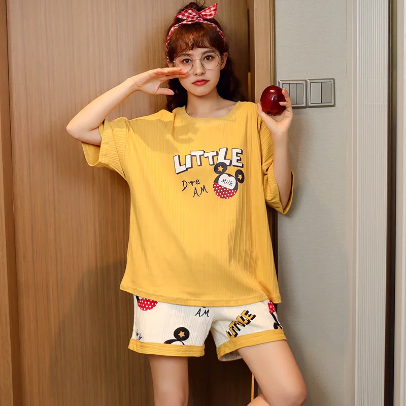 

Korean casual cute short-sleeved shorts two-piece suit home pajamas Women's pajamas summer ladies knitted striped cotton pajamas