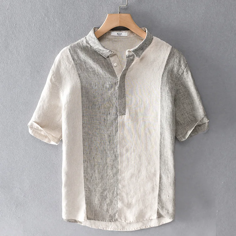 

Summer men's casual linen short sleeve shirt color matching loose youth cotton hemp Top Men's 9321