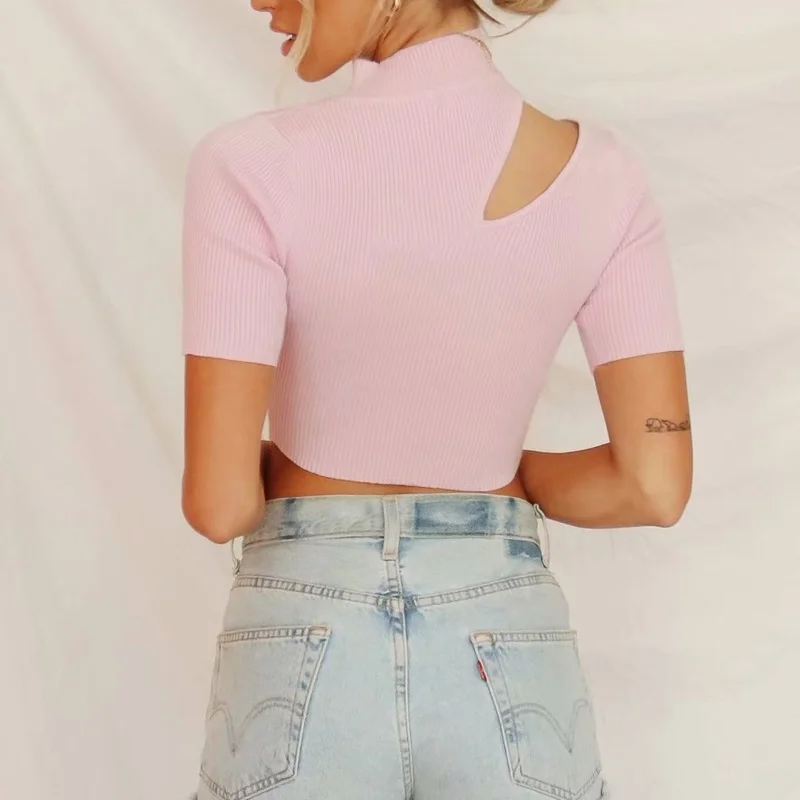 

Half High Neck Hollow Rib Knit T-shirt Women's Sexy Short-sleeved Stretch Top Ladies Streetwear White Short Base Top Slim-fit
