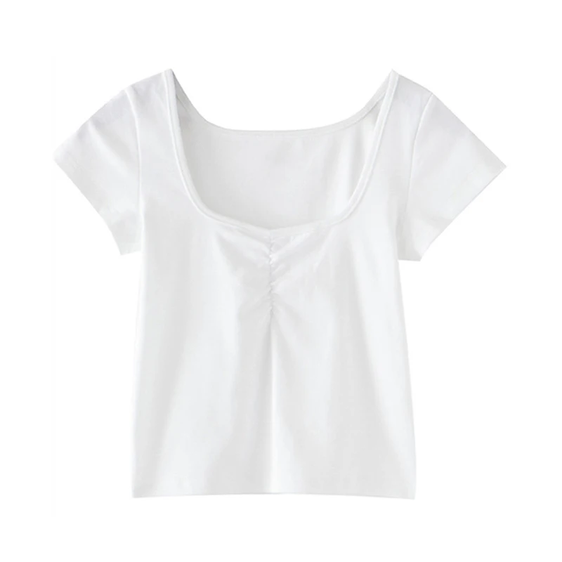 

PUWD Cute Girls Solid Thin Folds T-Shirts 2022 Summer Fashion Ladies Slim Crop Short Sleeve Tops Vintage Women Streetwear Tees