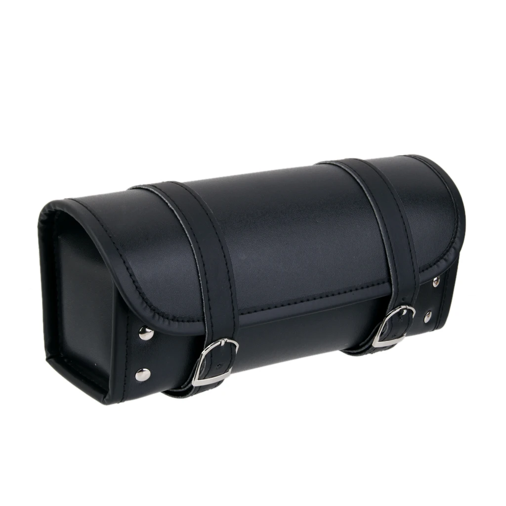 

Motorcycle Studded Roll Tool Saddle Bag Leather Motorbike Luggage Black