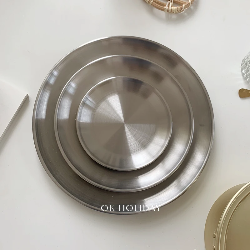 

Stainless Steel Tray Dessert Breakfast Cake Food Snack Round Tray Nordic Coffee Bandeja Desayuno Kitchen Supplies DE50CP