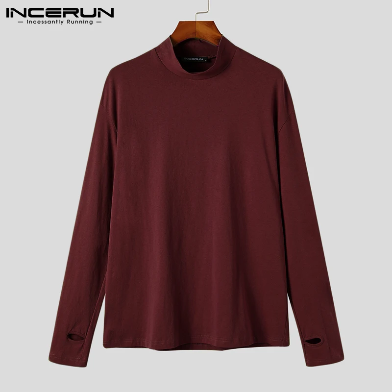 

Tops 2021 Handsome Men's Leisure Camiseta Semi-turtle Neck INCERUN Male Solid Bottoming Pullover Tees Long Sleeve T-shirts S-5XL