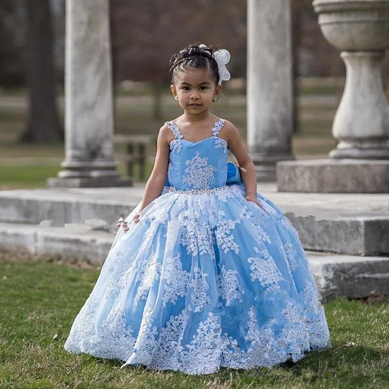 

Cute Baby Girl Long Lace Princess Ball Gown Blue Flower Girl Dress Girls Celebration Dress Birthday Party Dress